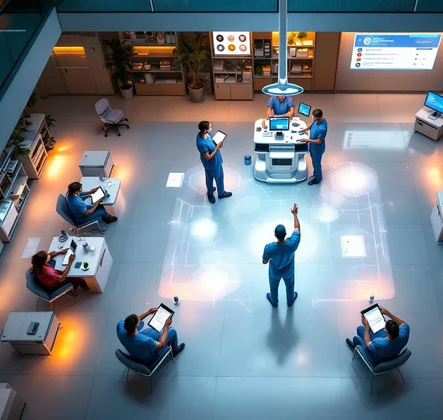 Zorgprofessionals in medische trainingsfaciliteit rond interactieve leerstations met digitale displays en certificaten