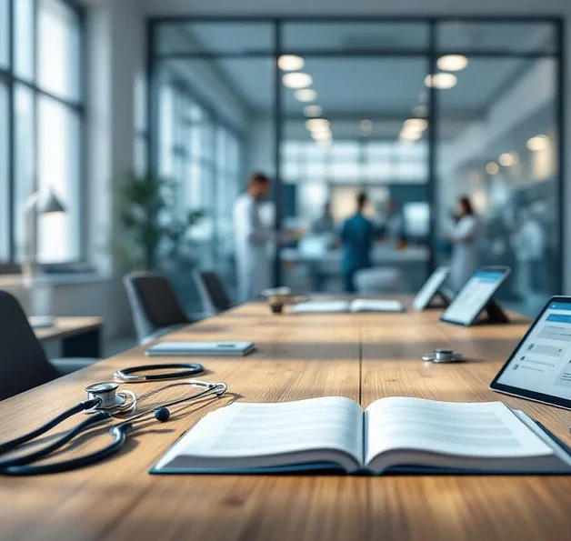 Medische trainingsruimte met open leerboeken, tablets en stethoscopen op houten tafel in moderne zorgfaciliteit