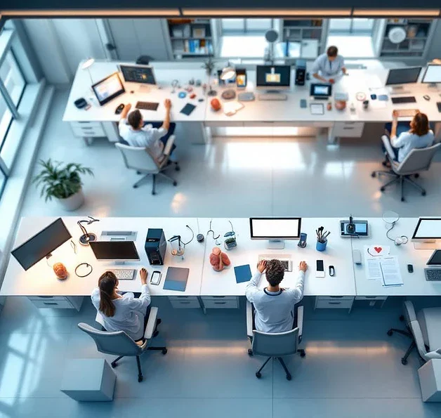 Moderne medische trainingsruimte met meerdere leerstations uitgerust met stethoscopen, bloeddrukmeter en anatomische modellen