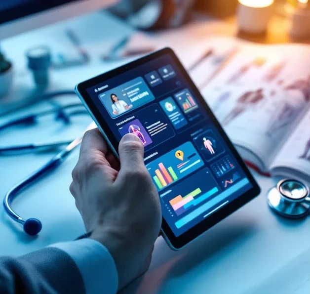 Handen houden tablet met medische trainingsmodules boven opengeslagen medisch handboek en stethoscoop op wit bureau