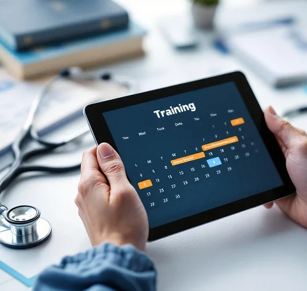 Handen houden tablet met digitale trainingskalender, omringd door stethoscoop en verpleegkundige certificaten op bureau