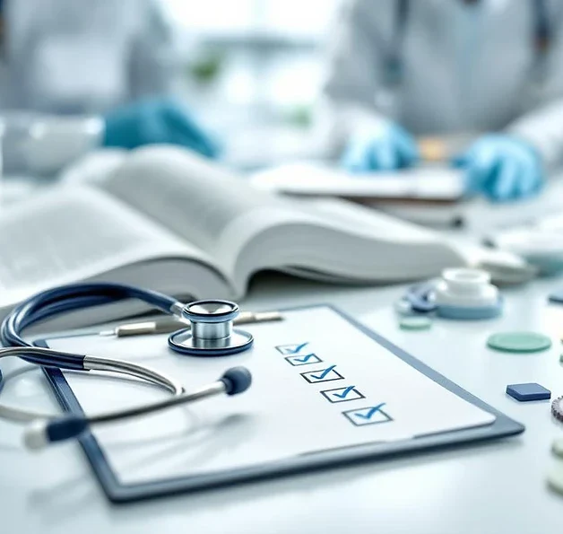 Stethoscoop op medisch handboek met veiligheidsprotocollen op tablet in professionele medische trainingsomgeving