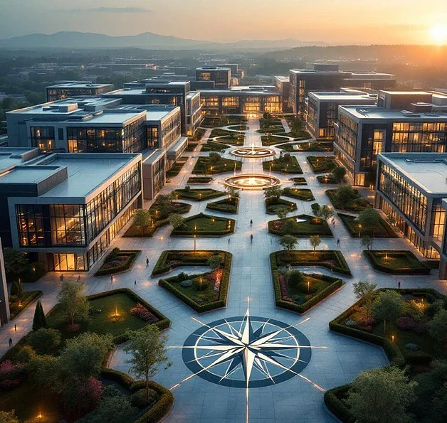 Luchtfoto van modern ziekenhuis met modulaire gebouwen, glazen gangen en kompasroos in binnenplaats bij gouden uur