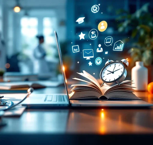 Zorgverlener balanceert werkzaamheden met medische apparatuur en digitaal leren op laptop met klok als tijdsbeheer symbool