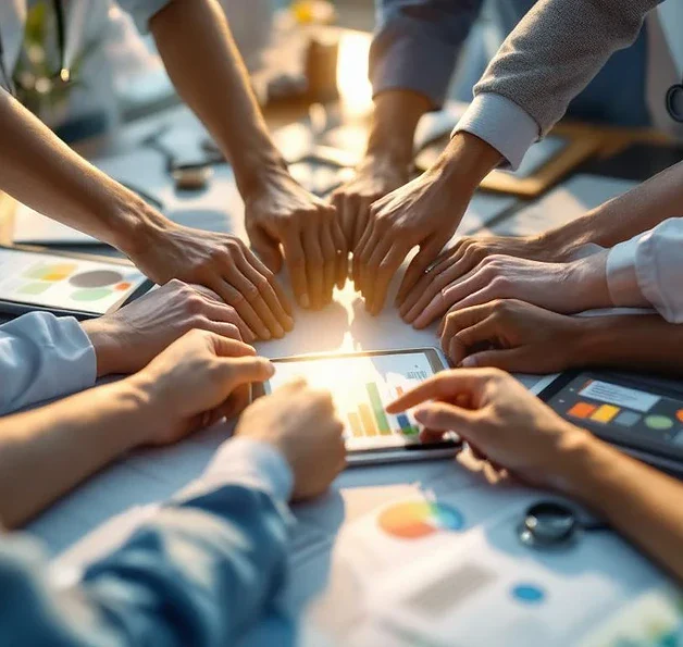 Diverse handen van zorgprofessionals komen samen boven conferentietafel met stethoscopen en medische trainingsmaterialen