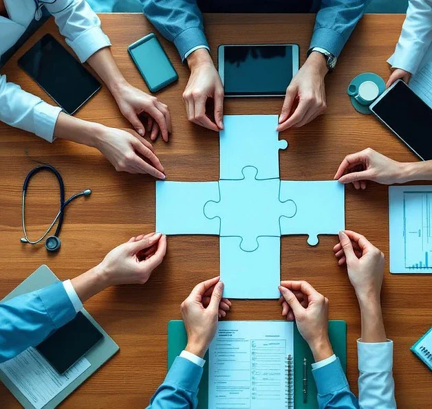 Zorgprofessionals werken samen om puzzelstukjes te vormen tot medisch kruis op moderne vergadertafel