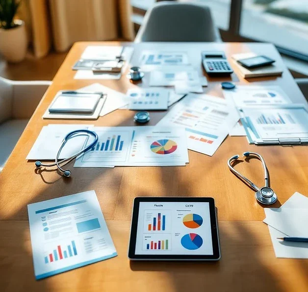 Moderne vergaderruimte zorgfaciliteit met financiële documenten, tablet met trainingsmodules en medische apparatuur