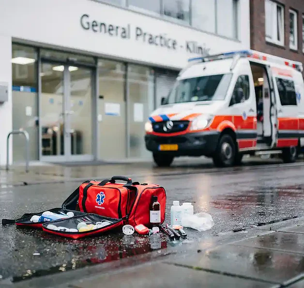 Ambulance geparkeerd bij ingang van Nederlandse huisartsenpraktijk, EHBO-tas open op nat asfalt met verspreide verbandmiddelen.