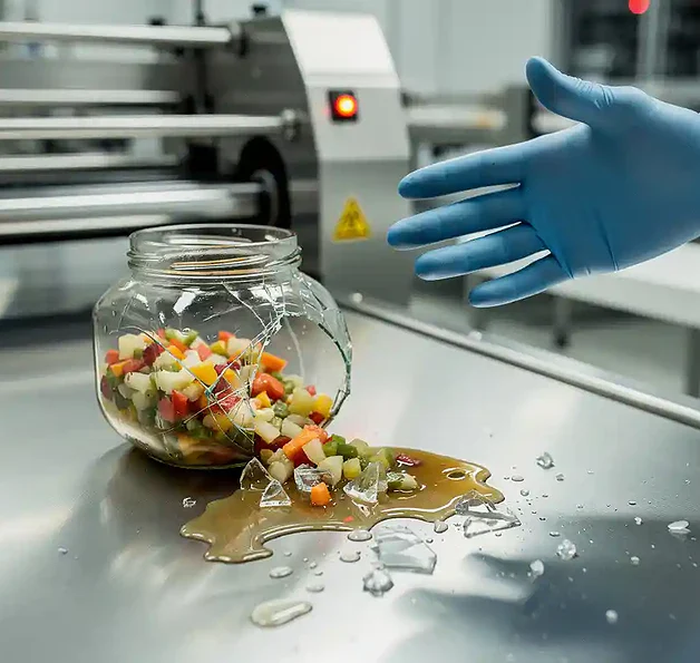 Blauwe latex handschoen stopt gemorste ingemaakte groenten uit gebarsten pot op roestvrijstalen inspectieoppervlak.