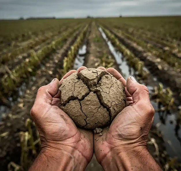 Verweerde handen van een boer met droge aardklomp boven beschadigd gewas, verlepte planten en overstroomde voren op de achtergrond.