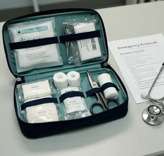 Open EHBO-kit op klinisch bureau met stethoscoop, steriele benodigdheden en noodprotocollen checklist, klaar voor gebruik.