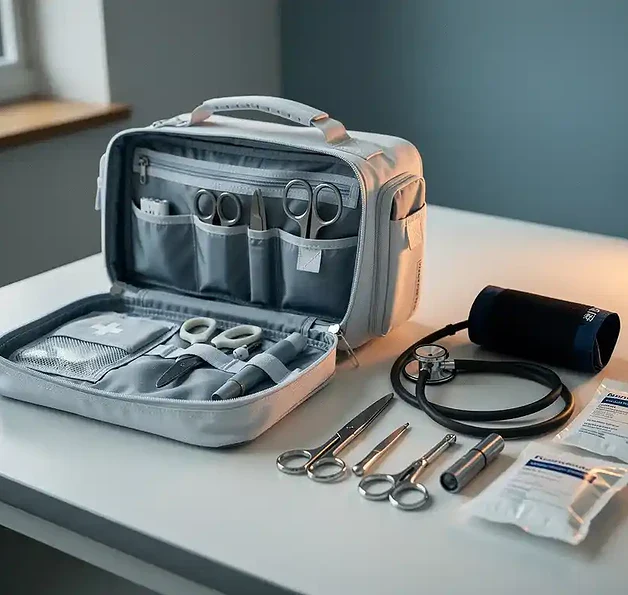 Open EHBO-tas op een klinische bureau met stethoscoop en triageapparatuur, zachte blauw-witte tinten en warm amberkleurig licht.