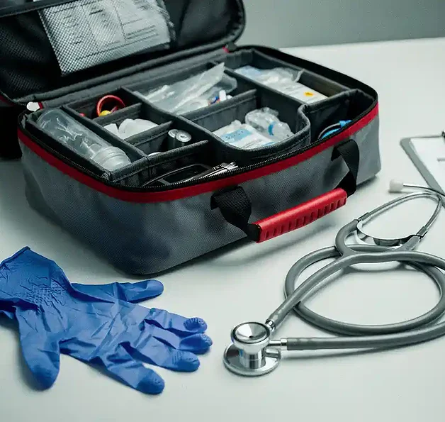 Open medische tas van een hulpverlener met stethoscoop, handschoenen en incidentrapport op wit oppervlak.