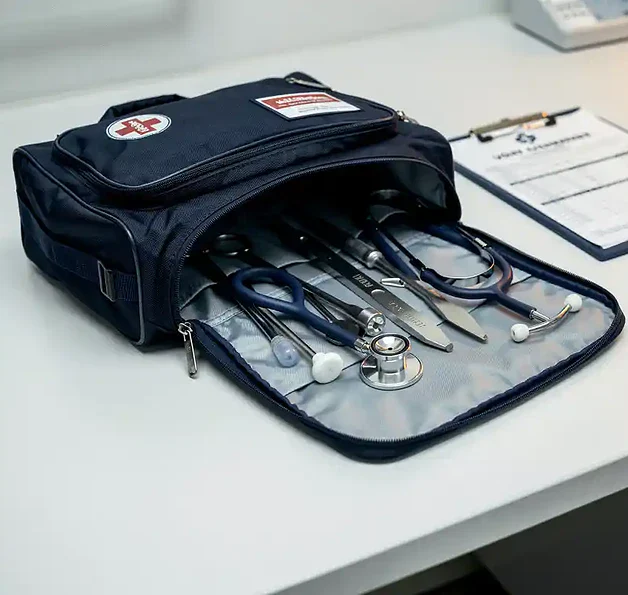 Open EHBO-tas op klinisch bureau met triagetools, stethoscoop en patiëntendossier in wit, marineblauw en amber tinten.