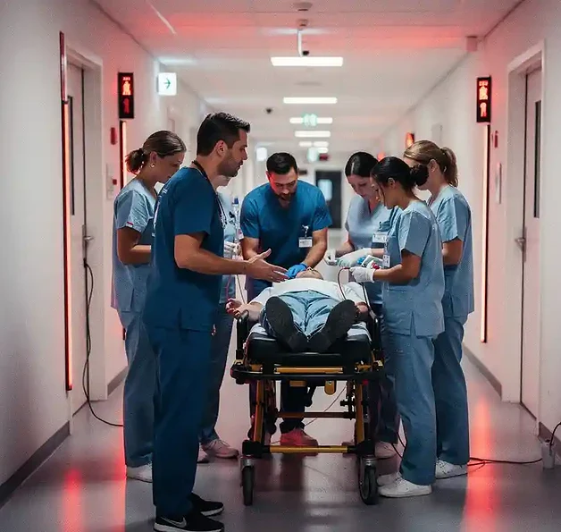 Zorgteam in scrubs voert nooddrilltraining uit in huisartsenpraktijk, teamleider coördineert rond patiënt op brancard onder rood alarmlicht.