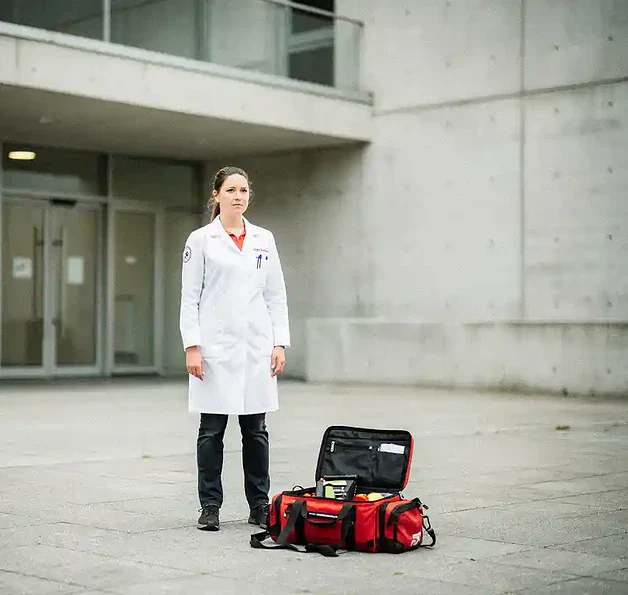 Eerstehulpverlener in witte jas bij ingang gemeentelijk gebouw, open EHBO-tas op de grond, overcast daglicht.