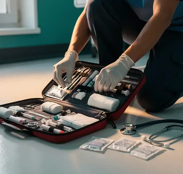 EHBO-medewerker knielt naast open noodkoffer op klinische vloer, organiseert medische benodigdheden met stethoscoop en medicatiezakjes zichtbaar.
