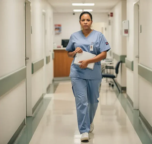Zorgprofessional in scrubs staat in een klinische gang met een patiëntendossier, rustige maar serieuze uitdrukking.