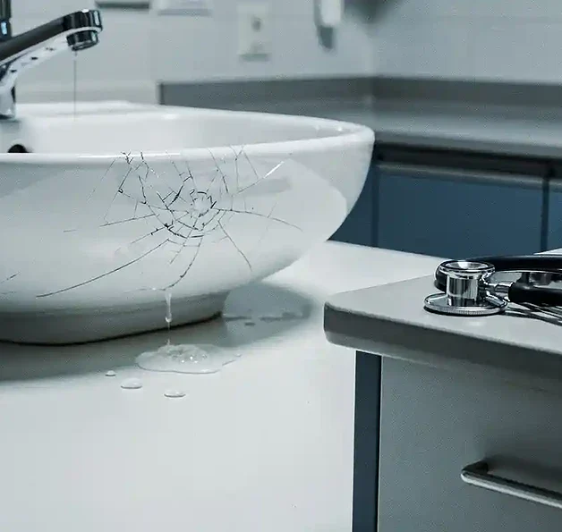 Gebarsten wastafel in onderzoekskamer lekt water op witte vloer, met stethoscoop op aangrenzend aanrecht in klinische omgeving.