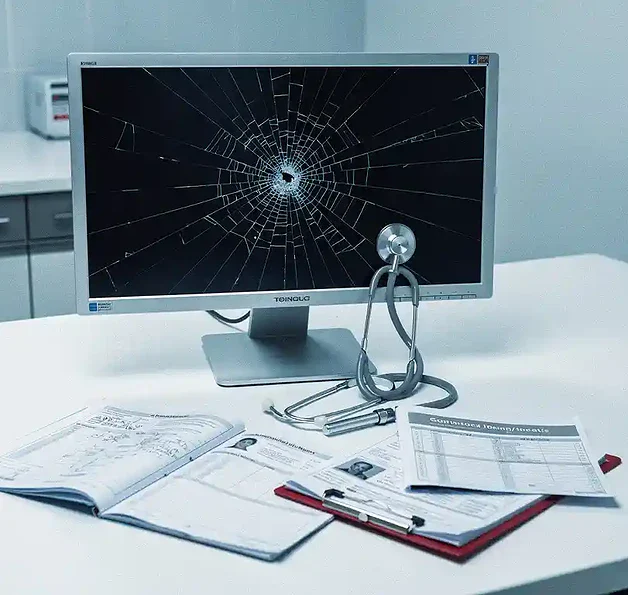 Gebarsten computerscherm op wit bureau met stethoscoop en verspreide patiëntendossiers, symboliseert IT-storing in de zorg.