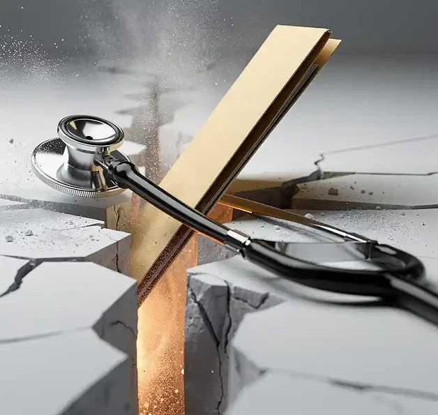 Gebarsten wit klinisch oppervlak met stethoscoop en medisch dossier die in de scheur vallen, amberkleurig licht van onderaf.