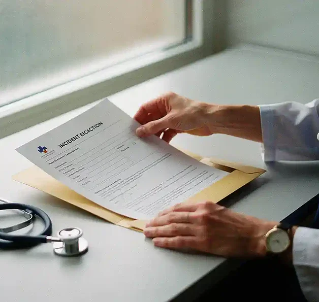 Huisarts plaatst incidentenrapportformulier in een manila map op een klinisch bureau, met een stethoscoop ernaast.