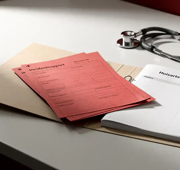 Open medisch dossier met rode incidentrapporten, stethoscoop en huisartsagenda op klinisch bureau.