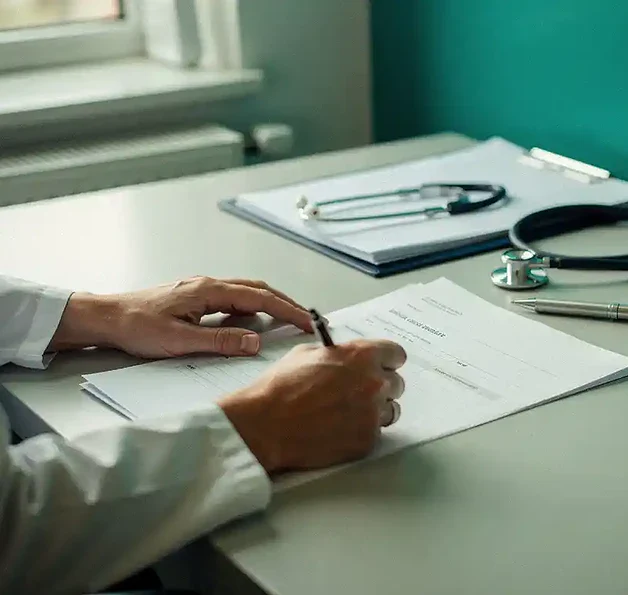 Huisarts vult een officieel incidentrapportformulier in aan een klinisch bureau, met stethoscoop en gesloten patiëntdossier.