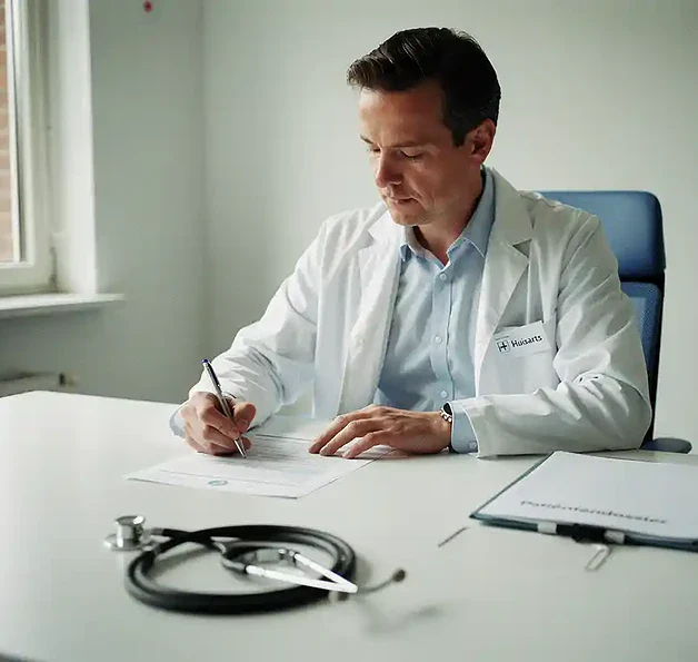 Huisarts vult een officieel incidentrapportformulier in aan een klinisch bureau, met stethoscoop en patiëntdossier ernaast.