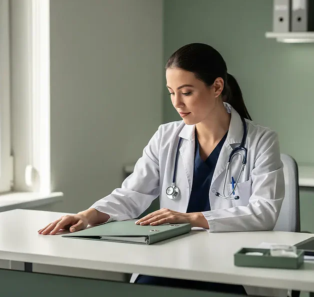 Huisarts aan klinisch bureau met hand op patiëntendossier, rustige en geconcentreerde uitdrukking, zachte natuurlijke belichting.