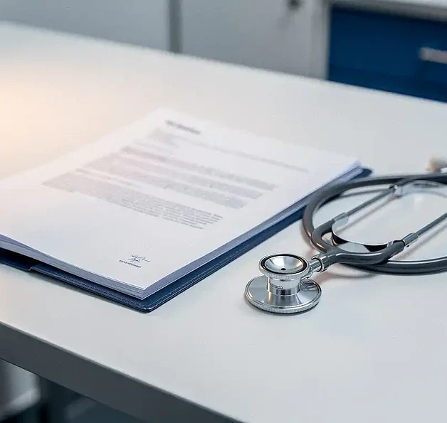 Open medisch dossier van een huisarts op een klinisch bureau met een stethoscoop, in rustig licht met blauwe en amberkleurige tinten.