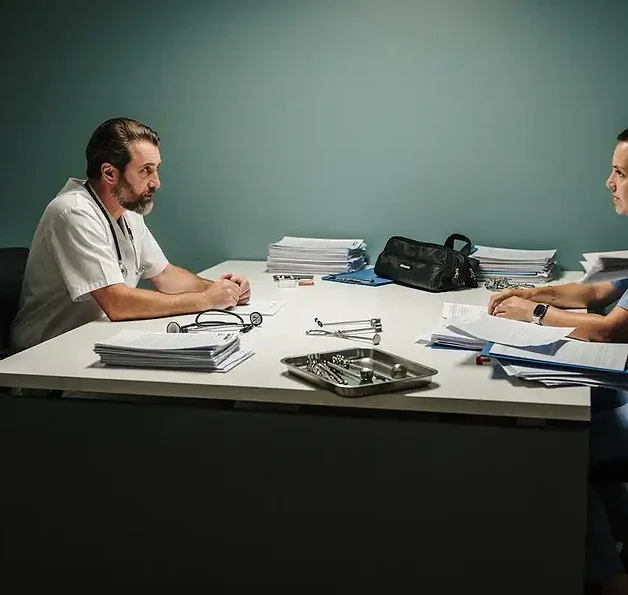 Huisartsenpraktijk met gecontroleerd spoedconsult aan één kant en chaotische noodrespons met omgevallen instrumenten aan de andere kant.