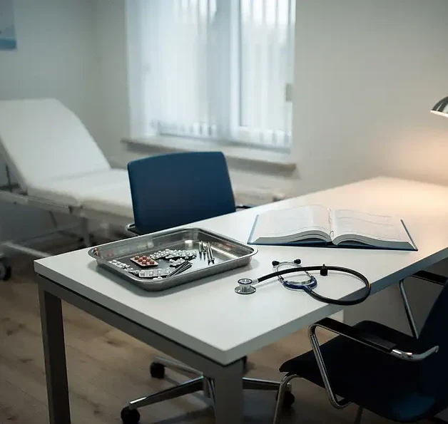 Omgevallen medicatiedienblad en opengeslagen patiëntendossier op het bureau van een Nederlandse huisartsenpraktijk, met stethoscoop op klinisch witte ondergrond.