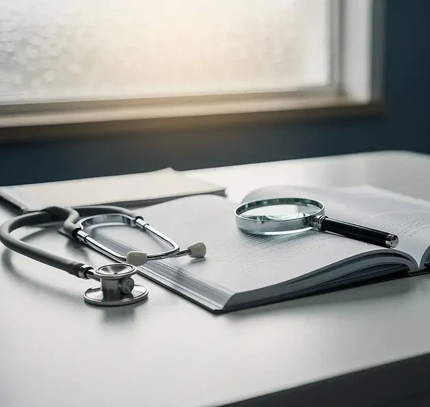 Stethoscoop en vergrootglas op open patiëntdossier, symboliseert medisch onderzoek en professionele aansprakelijkheid van een huisarts.