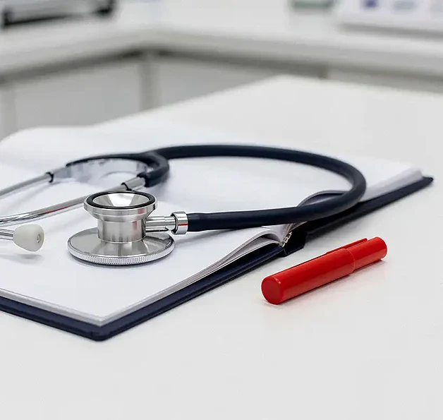 Stethoscoop en open patiëntdossier op wit bureau met rode waarschuwingsmarkering, in een klinische onderzoekskamer.