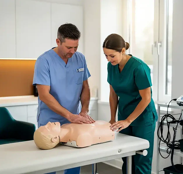 Huisarts en verpleegkundige oefenen reanimatie op een mannequin in een Nederlandse eerstelijnszorgkliniek.