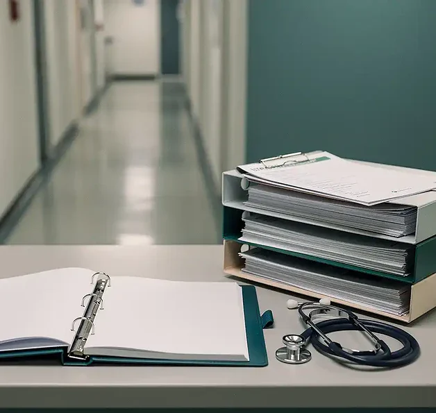 Geopende noodbullenmap op receptiebalie van huisartsenpraktijk, met stethoscoop en triageformulieren onder zachte klinische verlichting.