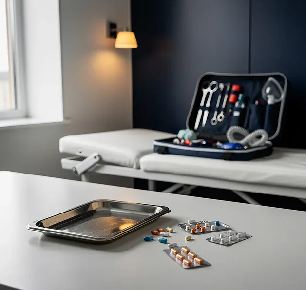 Omgevallen medicatietray op de voorgrond van een huisartsenkamer, met een open reanimatiekit op de onderzoektafel op de achtergrond.