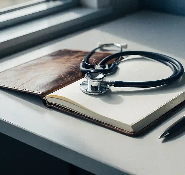 Opengeslagen leren incidentenlogboek op een klinisch bureau met een stethoscoop en pen, zacht natuurlijk licht.