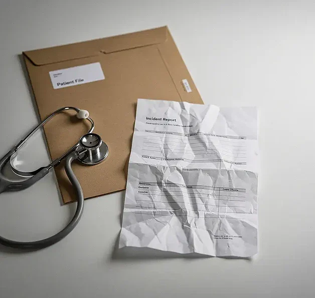 Verfrommeld incidentrapportformulier op wit bureau naast stethoscoop en gesloten medisch dossier, zacht bovenlicht.