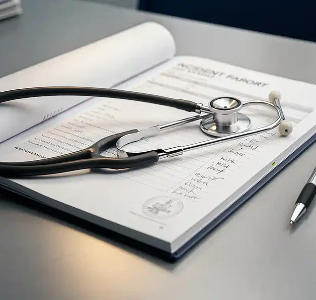 Opengeslagen incidentrapport op een klinisch bureau met een stethoscoop en pen naast handgeschreven notities.