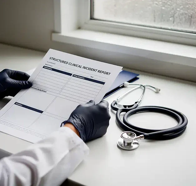 Gehandschoende handen van zorgprofessional die incidentrapportformulier ordent op ziekenhuisbureau, stethoscoop en patiëntdossier ernaast.