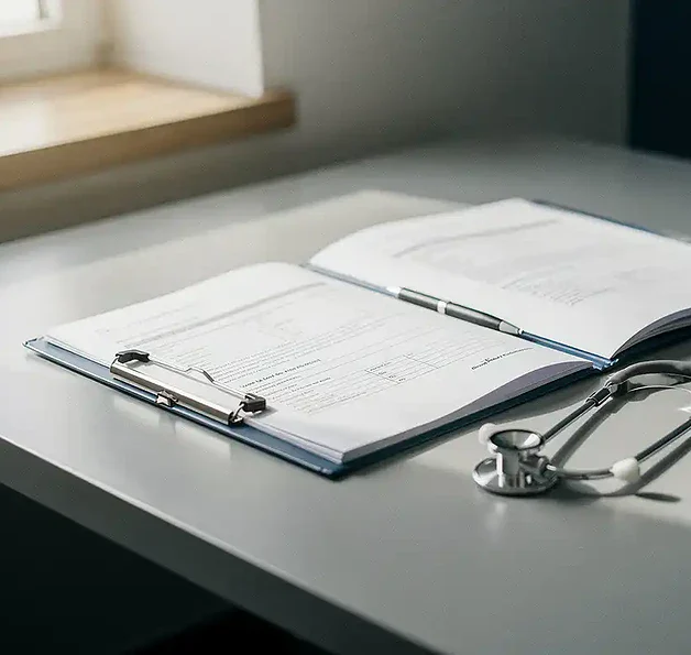 Open medisch dossier met handgeschreven notities en stethoscoop op klinisch bureau in zacht natuurlijk licht.