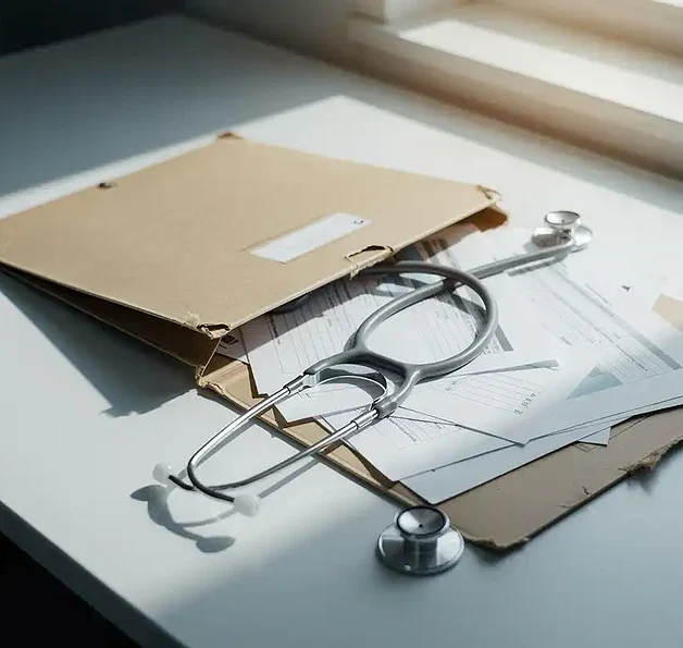 Versleten medisch dossier met patiëntendocumenten op een klinisch bureau, stethoscoop eroverheen, zacht natuurlijk licht.