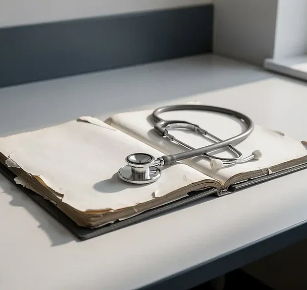 Open medisch incidentrapport op klinisch bureau met stethoscoop, zacht natuurlijk licht en ondiepe scherptediepte.