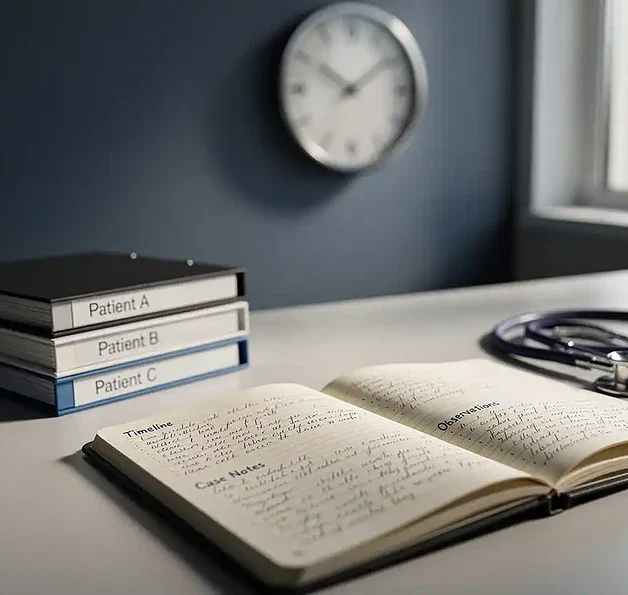 Opengeslagen notitieboek met handgeschreven tijdlijn op klinisch bureau, wandklok, stethoscoop en patiëntdossiers op de achtergrond.