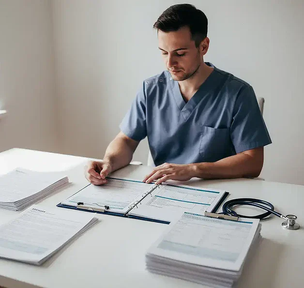 Klinisch onderzoeker bestudeert medisch dossier op wit bureau met stethoscoop, zachte natuurlijke belichting, professionele sfeer.
