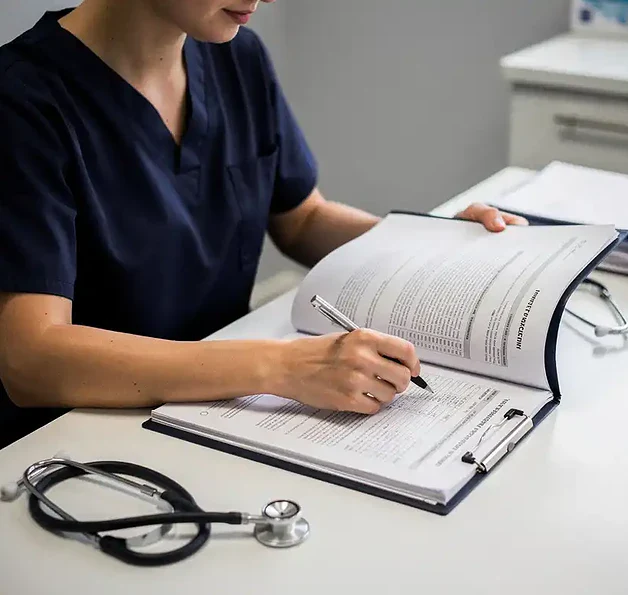 Zorgverlener bestudeert incidentrapportmap aan klinisch bureau met stethoscoop en patiëntdossier, serieuze onderzoekssfeer.