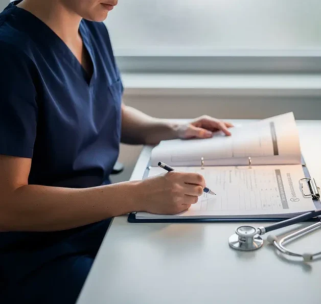 Zorgprofessional in scrubs bestudeert noodprocedure-map aan ziekenhuisbureau met stethoscoop, rustige klinische omgeving.