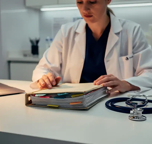 Zorgverlener bestudeert dik patiëntendossier aan klinisch bureau met stethoscoop en handgeschreven aantekeningen.